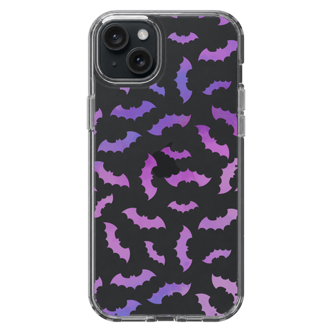 Purple Bats Clear Phone Case shown on iPhone 15 Plus