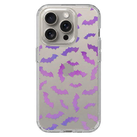 Purple Bats Clear Phone Case shown on iPhone 15 Pro