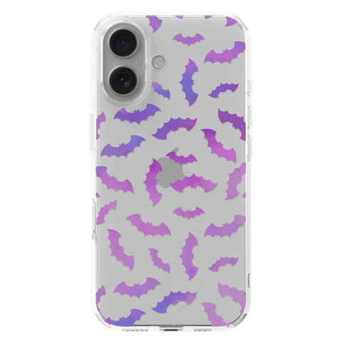 Purple Bats Clear Phone Case shown on iPhone 16
