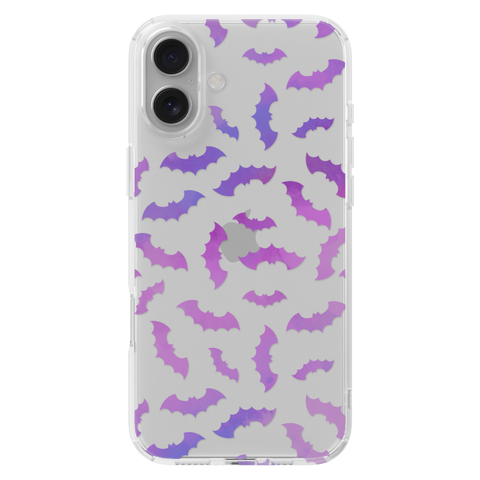 Purple Bats Clear Phone Case shown on iPhone 16 Plus