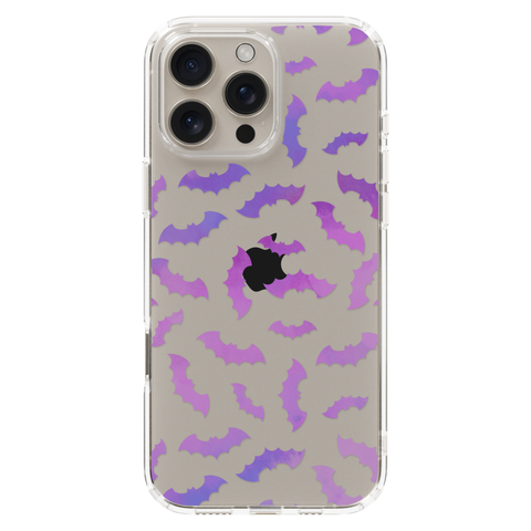 Purple Bats Clear Phone Case shown on iPhone 16 Pro