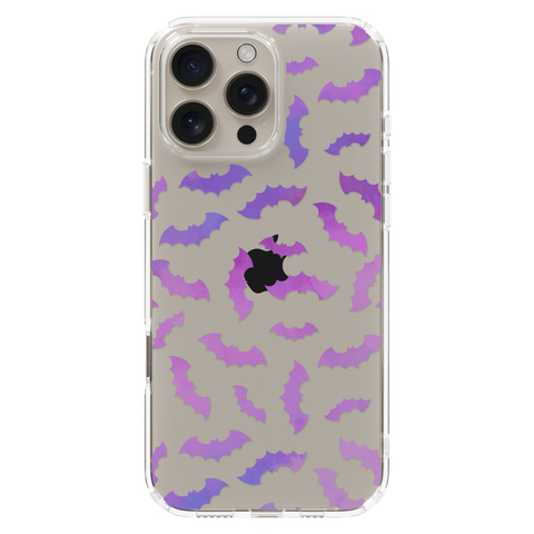 Purple Bats Clear Phone Case shown on iPhone 16 Pro Max