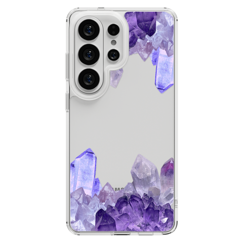 Purple Crystal Cluster Clear Phone Case shown on Galaxy S26 Ultra