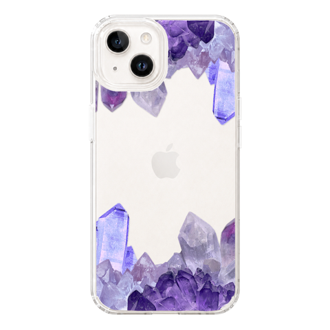 Purple Crystal Cluster Clear Phone Case shown on iPhone 13