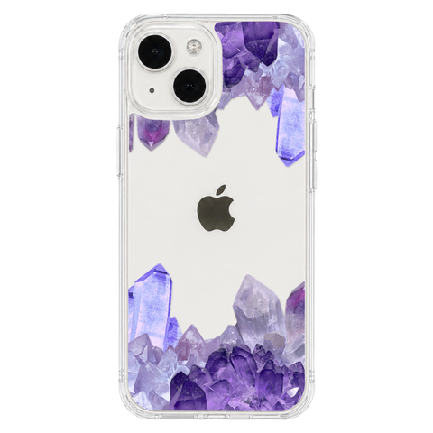 Purple Crystal Cluster Clear Phone Case shown on iPhone 13 Mini