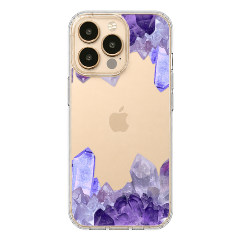 Purple Crystal Cluster Clear Phone Case shown on iPhone 13 Pro