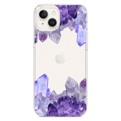 Purple Crystal Cluster Clear Phone Case shown on iPhone 14 Plus
