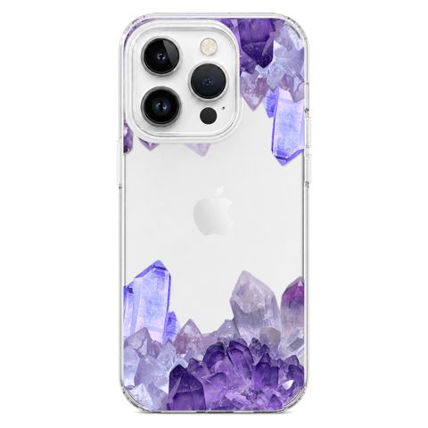 Purple Crystal Cluster Clear Phone Case shown on iPhone 14 Pro