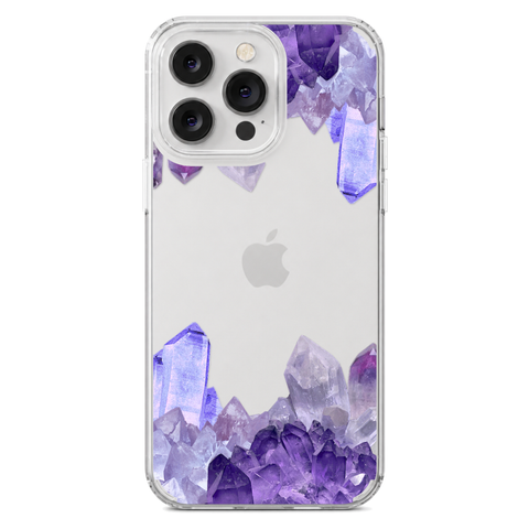 Purple Crystal Cluster Clear Phone Case shown on iPhone 14 Pro Max