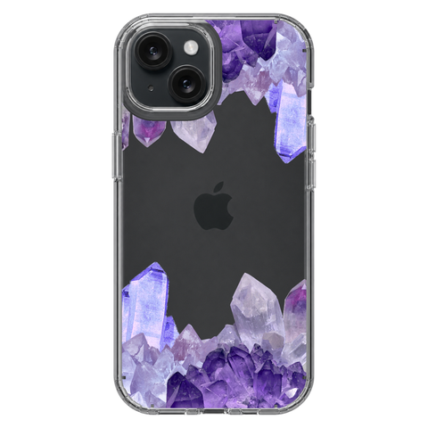 Purple Crystal Cluster Clear Phone Case shown on iPhone 15