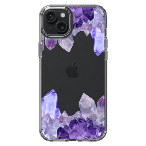 Purple Crystal Cluster Clear Phone Case shown on iPhone 15 Plus