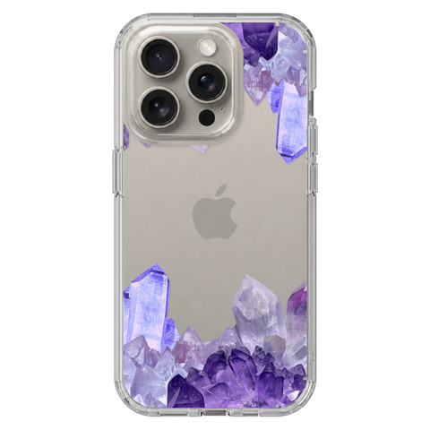 Purple Crystal Cluster Clear Phone Case shown on iPhone 15 Pro