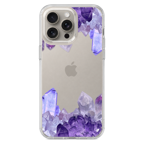 Purple Crystal Cluster Clear Phone Case shown on iPhone 15 Pro Max