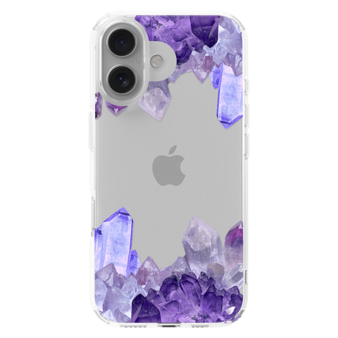 Purple Crystal Cluster Clear Phone Case shown on iPhone 16