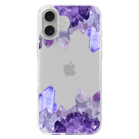 Purple Crystal Cluster Clear Phone Case shown on iPhone 16 Plus