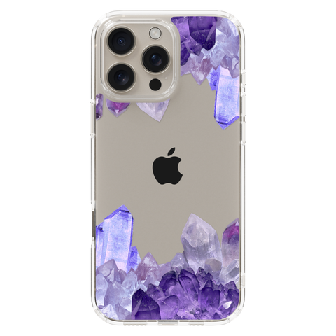 Purple Crystal Cluster Clear Phone Case shown on iPhone 16 Pro