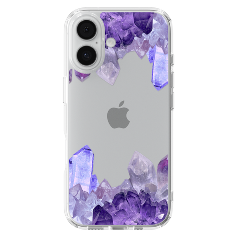 Purple Crystal Cluster Clear Phone Case shown on iPhone 17