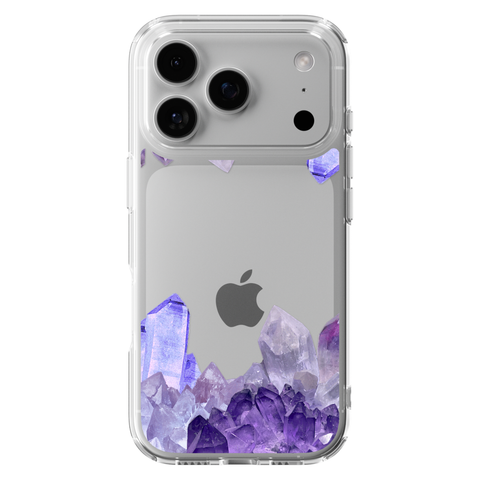 Purple Crystal Cluster Clear Phone Case shown on iPhone 17 Pro
