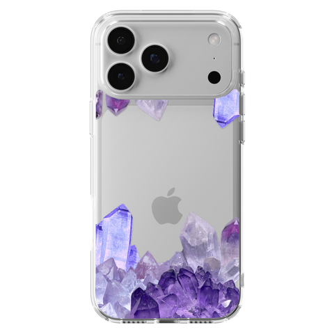 Purple Crystal Cluster Clear Phone Case shown on iPhone 17 Pro Max