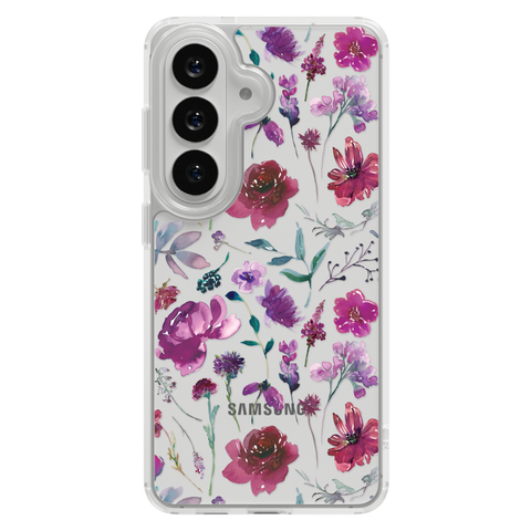 Purple Watercolor Flowers Phone Case For iPhone 17 16 15 14 13 7 8 SE Galaxy S26 S25 shown on Galaxy S25 Plus