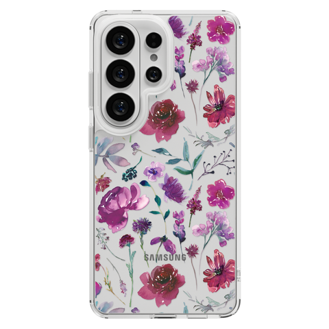 Purple Watercolor Flowers Phone Case For iPhone 17 16 15 14 13 7 8 SE Galaxy S26 S25 shown on Galaxy S25 Ultra