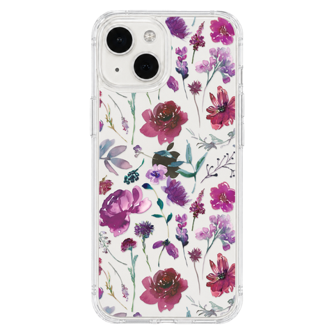 Purple Watercolor Flowers Phone Case For iPhone 17 16 15 14 13 7 8 SE Galaxy S26 S25 shown on iPhone 13 Mini