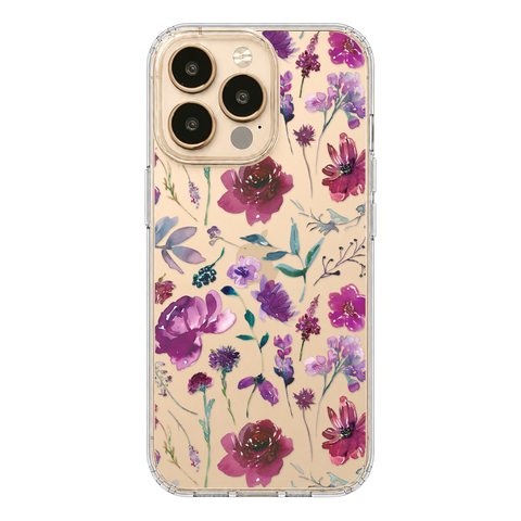 Purple Watercolor Flowers Phone Case For iPhone 17 16 15 14 13 7 8 SE Galaxy S26 S25 shown on iPhone 13 Pro