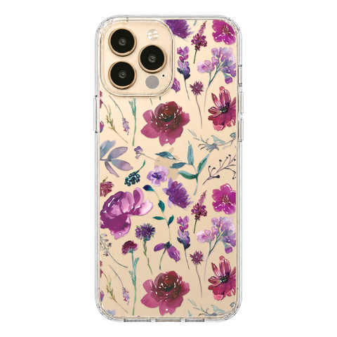 Purple Watercolor Flowers Phone Case For iPhone 17 16 15 14 13 7 8 SE Galaxy S26 S25 shown on iPhone 13 Pro Max