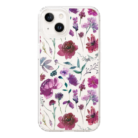 Purple Watercolor Flowers Phone Case For iPhone 17 16 15 14 13 7 8 SE Galaxy S26 S25 shown on iPhone 14