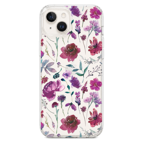 Purple Watercolor Flowers Phone Case For iPhone 17 16 15 14 13 7 8 SE Galaxy S26 S25 shown on iPhone 14 Plus