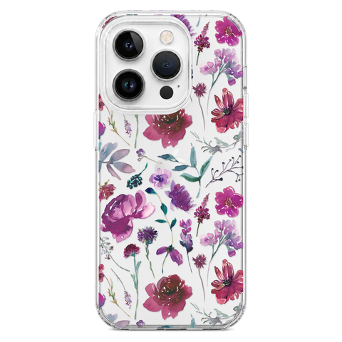 Purple Watercolor Flowers Phone Case For iPhone 17 16 15 14 13 7 8 SE Galaxy S26 S25 shown on iPhone 14 Pro