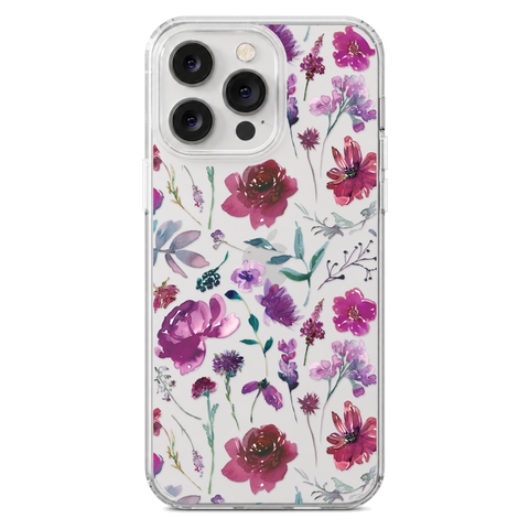 Purple Watercolor Flowers Phone Case For iPhone 17 16 15 14 13 7 8 SE Galaxy S26 S25 shown on iPhone 14 Pro Max