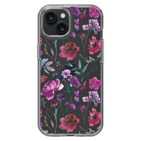 Purple Watercolor Flowers Phone Case For iPhone 17 16 15 14 13 7 8 SE Galaxy S26 S25 shown on iPhone 15