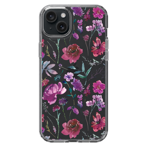 Purple Watercolor Flowers Phone Case For iPhone 17 16 15 14 13 7 8 SE Galaxy S26 S25 shown on iPhone 15 Plus
