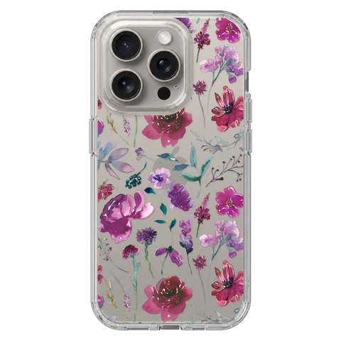 Purple Watercolor Flowers Phone Case For iPhone 17 16 15 14 13 7 8 SE Galaxy S26 S25 shown on iPhone 15 Pro