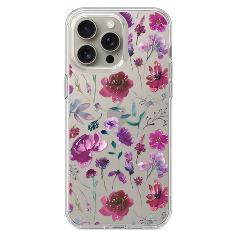 Purple Watercolor Flowers Phone Case For iPhone 17 16 15 14 13 7 8 SE Galaxy S26 S25 shown on iPhone 15 Pro Max