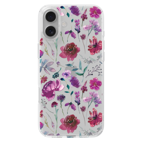 Purple Watercolor Flowers Phone Case For iPhone 17 16 15 14 13 7 8 SE Galaxy S26 S25 shown on iPhone 16 Plus