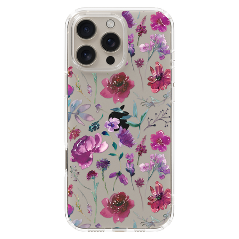 Purple Watercolor Flowers Phone Case For iPhone 17 16 15 14 13 7 8 SE Galaxy S26 S25 shown on iPhone 16 Pro Max