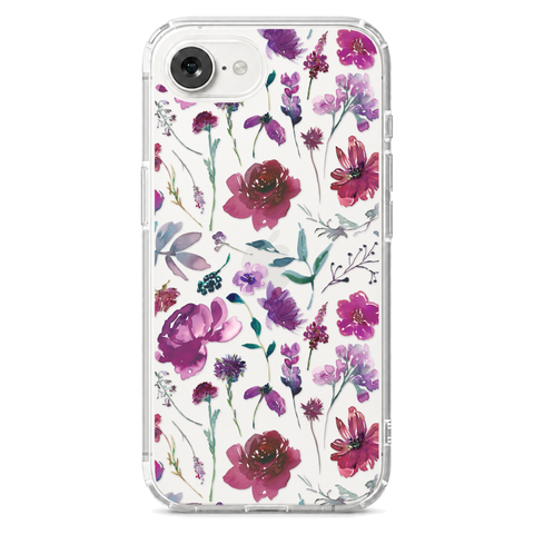 Purple Watercolor Flowers Phone Case For iPhone 17 16 15 14 13 7 8 SE Galaxy S26 S25 shown on iPhone 16e