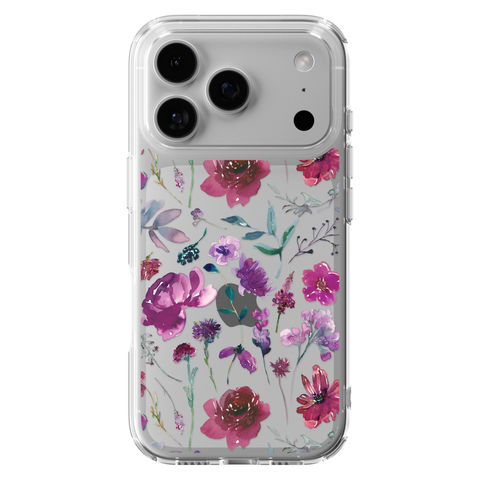 Purple Watercolor Flowers Phone Case For iPhone 17 16 15 14 13 7 8 SE Galaxy S26 S25 shown on iPhone 17 Pro