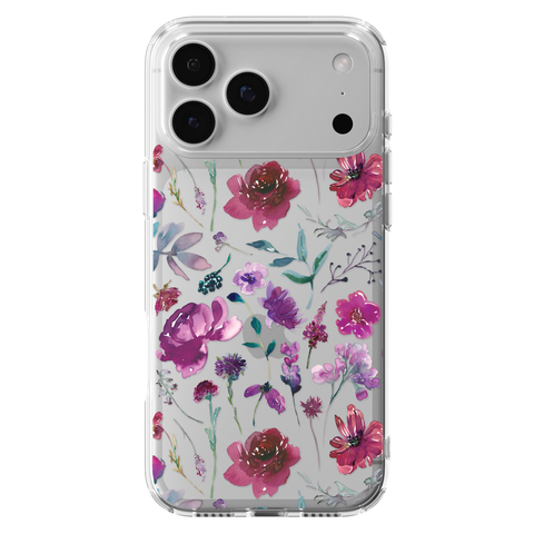 Purple Watercolor Flowers Phone Case For iPhone 17 16 15 14 13 7 8 SE Galaxy S26 S25 shown on iPhone 17 Pro Max