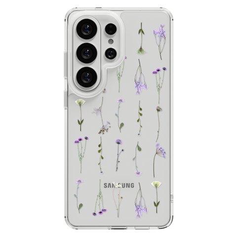 Purple Wild Flower Clear Phone Case shown on Galaxy S26 Ultra