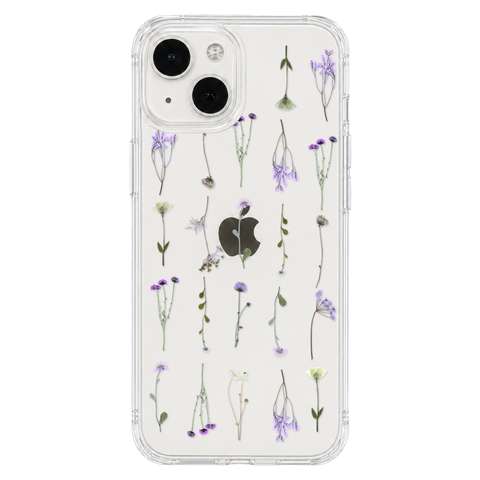 Purple Wild Flower Clear Phone Case shown on iPhone 13 Mini