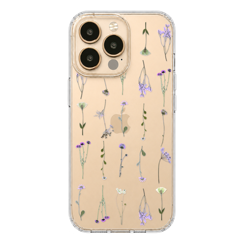 Purple Wild Flower Clear Phone Case shown on iPhone 13 Pro