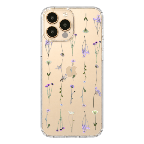 Purple Wild Flower Clear Phone Case shown on iPhone 13 Pro Max