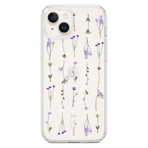 Purple Wild Flower Clear Phone Case shown on iPhone 14 Plus