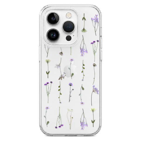 Purple Wild Flower Clear Phone Case shown on iPhone 14 Pro