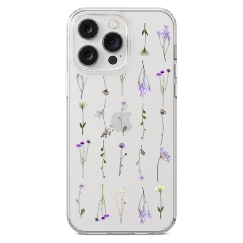 Purple Wild Flower Clear Phone Case shown on iPhone 14 Pro Max