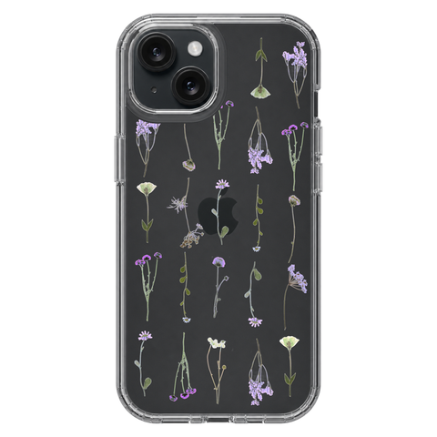 Purple Wild Flower Clear Phone Case shown on iPhone 15