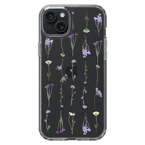 Purple Wild Flower Clear Phone Case shown on iPhone 15 Plus